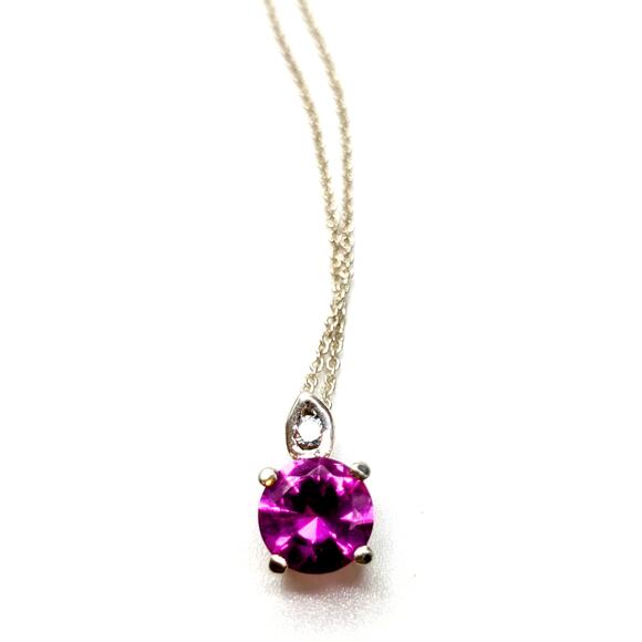 Pink Sapphire Solitaire & CZ Pendant 925 Sterling Silver 18.5" Necklace - Picture 6 of 10